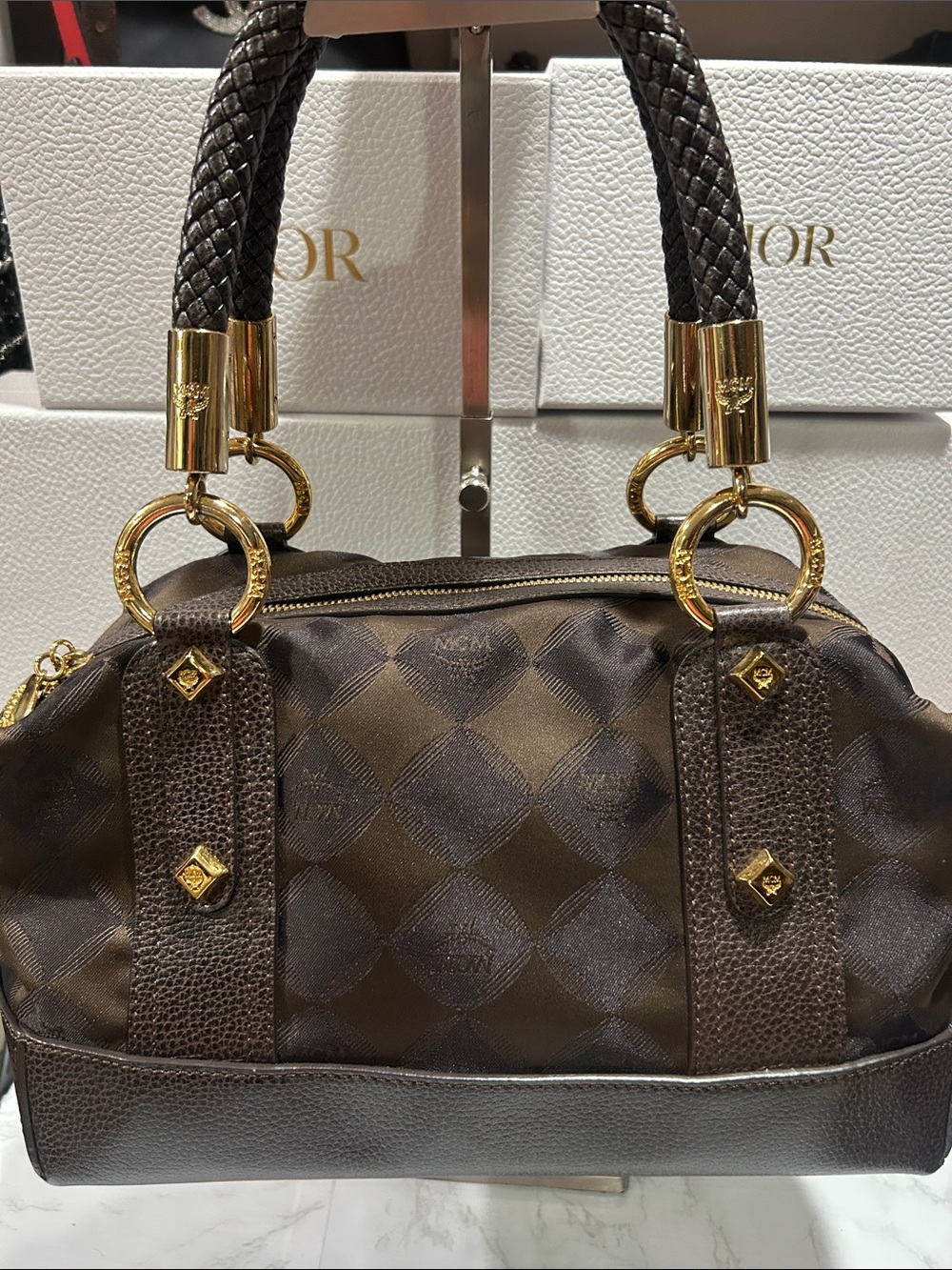 MCM Luxury Brown Patterned Women’s Satchel Bag